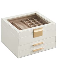 SONGMICS Jewelry Box Organizer with Glass Lid, 3-Layer Jewelry Storage, with 2 Drawers, Modern Style, Christmas Gift, 8 x 9.1 x 5.3 Inches, Cloud White and Gold Color UJBC239WT