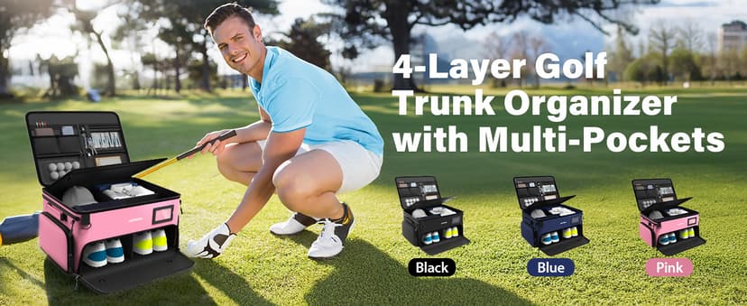 4-Layer Golf Trunk Organizer, Golfer Gifts for Women with Separate Ventilated Compartment for 2 Pairs Shoes, Waterproof Car Golf Locker Storage Bag for Golf Gear and Accessories,Pink