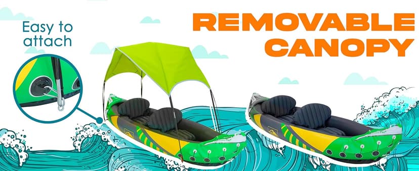Inflatable Kayak 2 Person with Detachable Sun Canopy – Heavy-Duty Tandem Kayak for Adults – Reinforced Paddles, Waterproof Phone Bags, Adjustable Seats, Extra Seat for Dog or Child