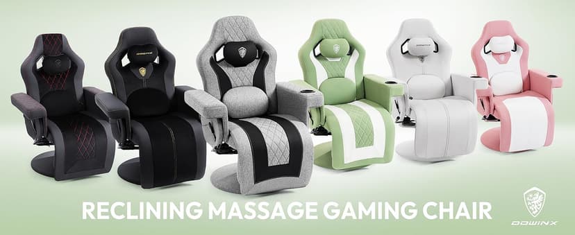 Dowinx Racing Style Gaming Recliner Chair with Massage Lumbar Support, Footrest, Cup Holder, Side Pouch, High Back Ergonomic Video Game Chair Reclining No Wheels Heavy Duty, Fabric Green