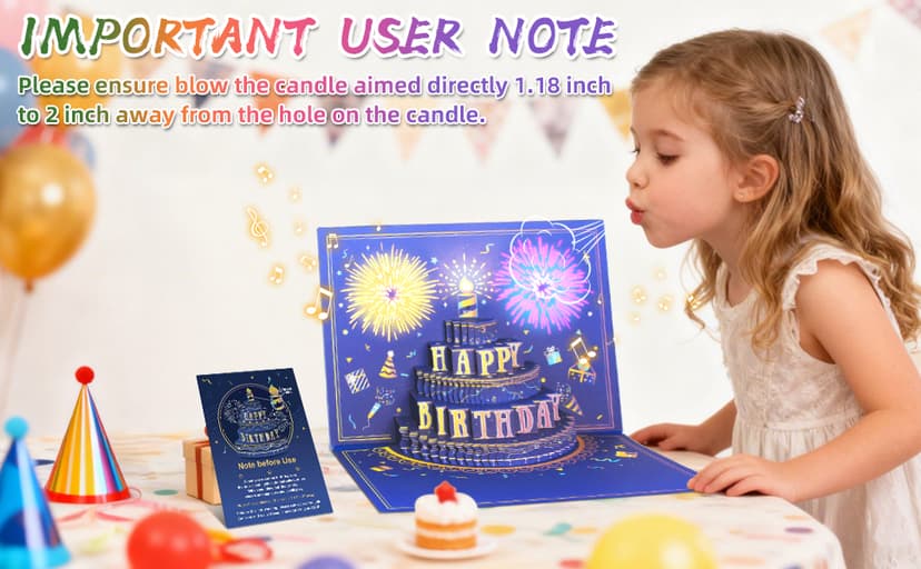UPGRADED 3D Pop Up Firework Birthday Cards, Musical LED Lights Birthday Cards with Blowable Birthday Cake, Greeting Cards, Birthday Gifts for Mom Women Men Kids Child Dad Father Wife
