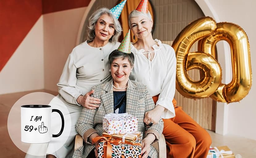 YHRJWN - 60th Birthday Gifts for Men Women, I Am 59 Plus Middle Finger Coffee Mug for Dad Mom Friends, Birthday Gift Ideas for 60 Year Old Woman, White 11 Oz Mug with Black Handle