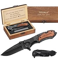 Gifts for Him Men Husband, Christmas Stocking Stuffers, Anniversary Birthday Gifts ideas for Him, Engraved Pocket Knife, Wooden Handle Folding Knife with Wood Box, Unique Outdoor Camping Hiking Tool