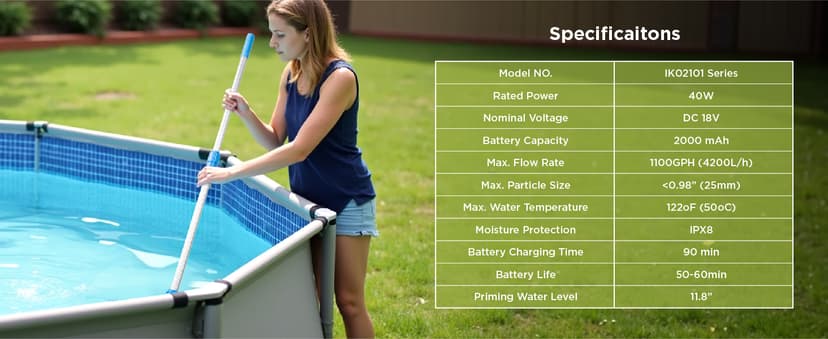 InoKraft Pool Vacuum for Above Ground Pool, Cordless Handheld Pool Vacuum for Inground Pools, Rechargeable Pool Cleaner with Powerful Suction up to 18.5 gallons/min, Ideal for Leaves, Debris, Blue