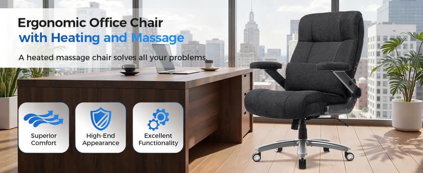 600LBS Big and Tall Massage Office Chair, Extra Wide Seat - 3D Kneading Massage & Heat Office Chair with Heavy Duty Metal Base, 3D Flip Arms, Fabric Ergonomic with Thick Spring Cushion