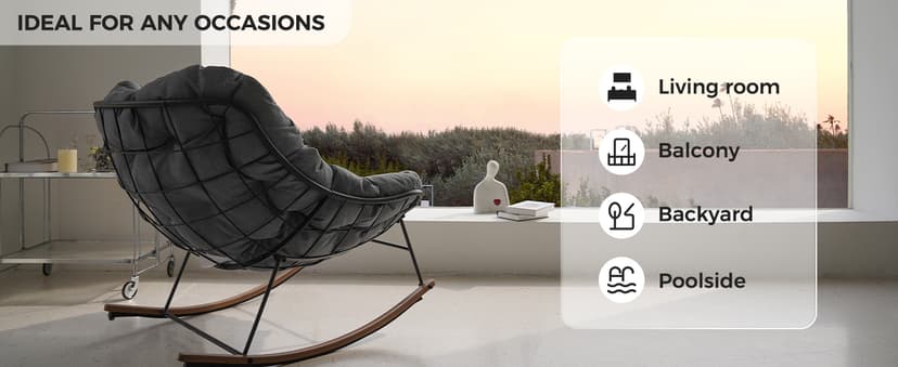 Grand patio Outdoor Rocking Chair, Oversized Papasan Rocking Chair with Thick Cushion, Indoor Outdoor Cozy Rocker for Balcony, Living Room, Patio, Gray