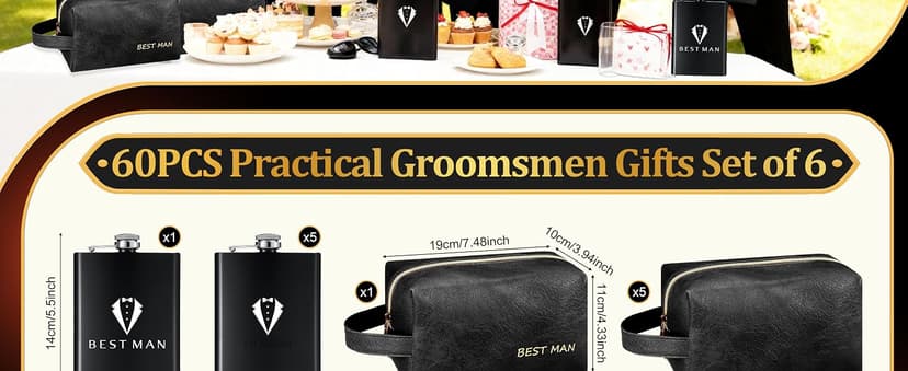 Complete Gift Set for Wedding with Flasks Shot Glasses Funnels Toiletry Bags Sunglasses Bottle Openers Gift Bags and Cards Rigibright 60 Pcs Groomsmen Gifts Set of 6 for Wedding Best Man Gift B0F6N4938G