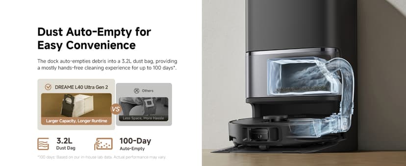 DREAME L40 Ultra Gen 2 Robot Vacuum and Mop with 25,000Pa Suction, Extendable Side Brush and Mop, All-in-One Self-Emptying & Cleaning Dock, Voice & App Control, Black