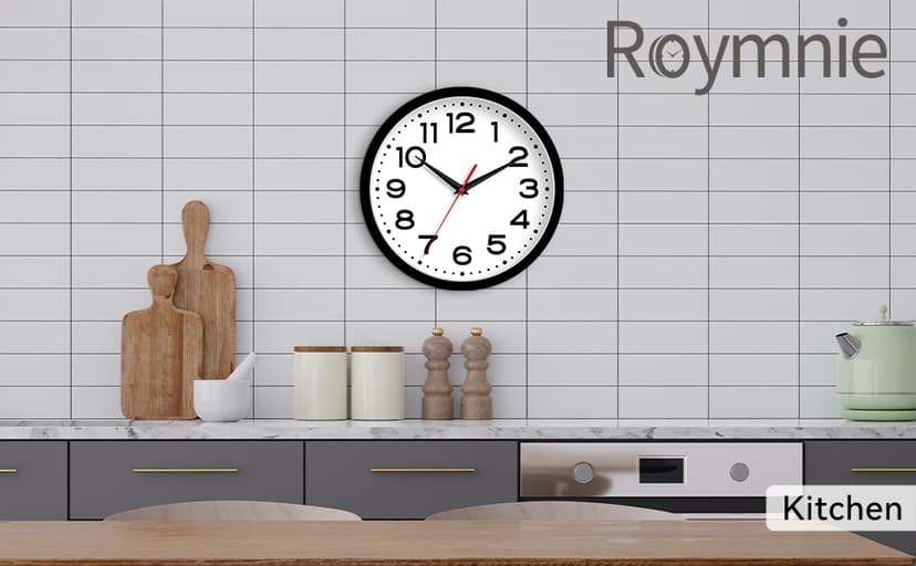 Roymnie Wall Clock Silent Non-Ticking Modern Clock Battery Operated 8 Inch Small Classic Analog Decorative for Kitchen, Living Room, Office, Bedroom, Bathroom (Black)
