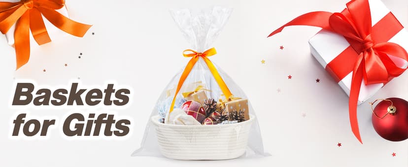 Pro Goleem Small Woven Basket with Gift Bags and Ribbons Durable Baskets for Halloween Gifts Empty Small Rope Basket for Storage 12"X 8" X 5" Baby Toy Baskets with Handles, White