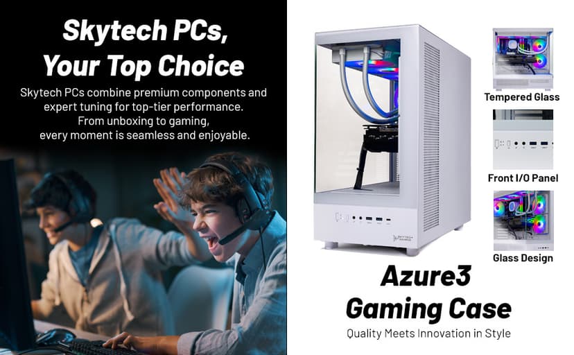 Skytech Gaming Azure 3 Desktop PC, Ryzen 7 9700X 3.8 GHz (5.5GHz), NVIDIA RTX 4060 8GB, 1TB NVMe SSD, 16GB DDR5 RAM 6000, 650W Gold PSU, 360mm ARGB AIO, Wi-Fi, Win 11