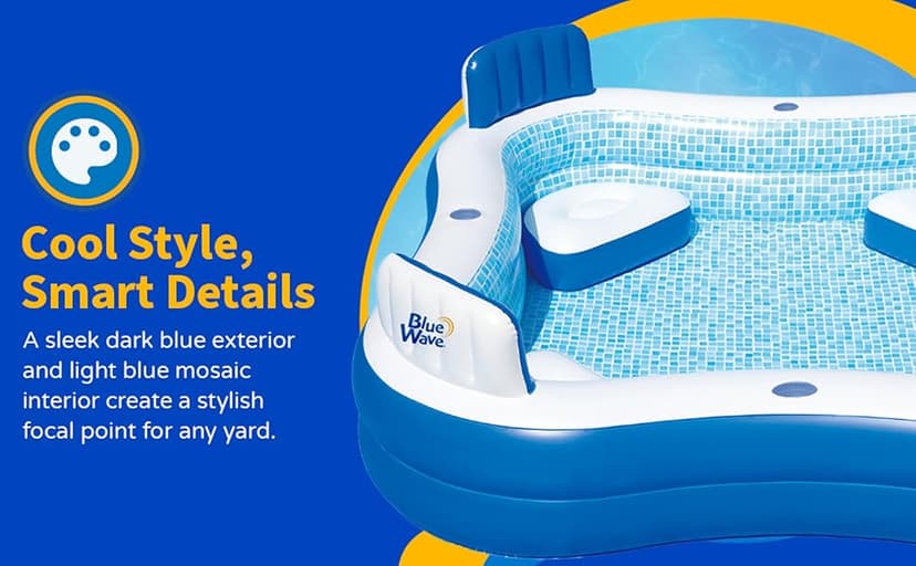 Blue Wave Premier Family Inflatable Pool with Seats – 88-in x 88-in x 26-in Four-Seater Pool for Backyard Fun – Durable 4-Person Inflatable Pool with Cover, Drain Plug & Repair Patch