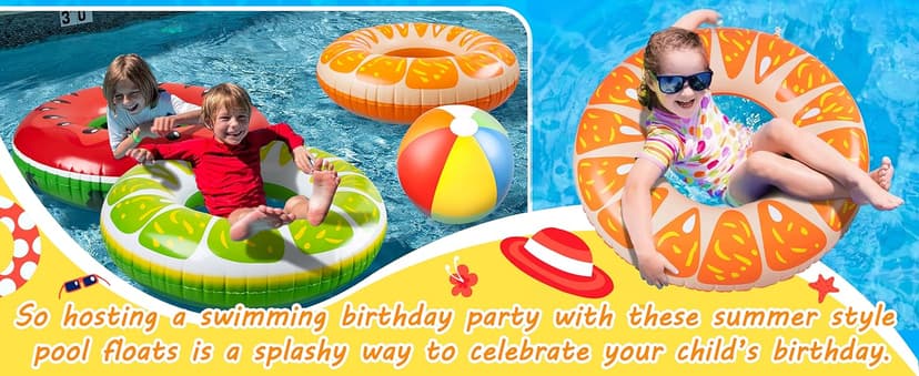 90shine 7PCS Fruit Pool Floats: Watermelon Kiwi Orange Lemon Swimming Rings with 13.5" Beach Balls - Inflatable Tubes Floaties Toys for Kids Adults