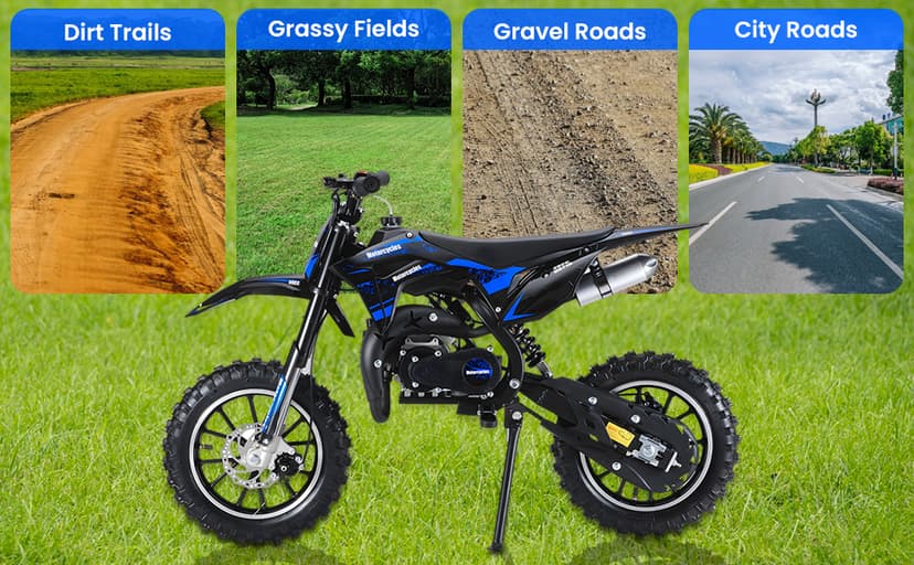 50CC Dirt Bike, 2-Stroke Kids Dirt Bike with 10-Inch Off-Rode Tire, Mini Bike with Front and Rear Disc Brake, Up to 25 Mph, Mini Bikes for Kids 8-14 Weight Support Up to 330 LBS Blue