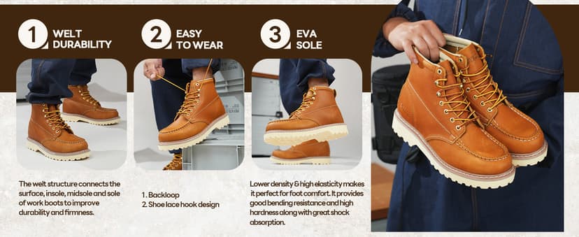 SAFETY LOONG Moc Toe Work Boots for Men Soft Toe Comfortable Full-Grain Leather 6" Non Slip and Water Resistant Safety Ankle Workboots