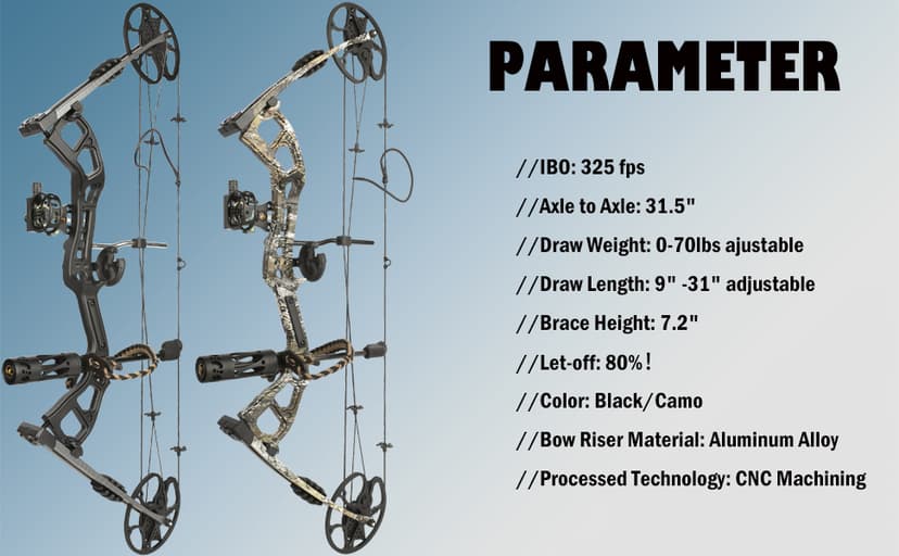 Compound Bow Kit, Hunting & Targeting, Limb Made in USA, Draw Weight 0-70 lbs Adjustable, Draw Length 9”-31",up to IBO 325FPS Speed, Package with Archery Hunting Accessories