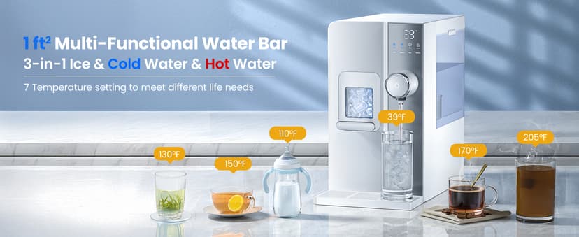 3-in-1 Countertop Water Bar with Ice Maker, Hot & Cold Water Dispenser, 7-Stage Filter, 7 Temp Settings, 5 Volume Options, No Installation, Portable Water Station for Kitchen, Office, RV