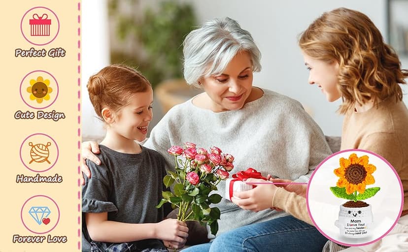 Gifts for Mom, Birthday Gift for Mom, Handmade Crochet Flowers Sunflower for Home Office Desk Decoration, I Love You Gifts for Moms Mama from Daughter Son Kids, Mothers Day, Xmas Present Idea