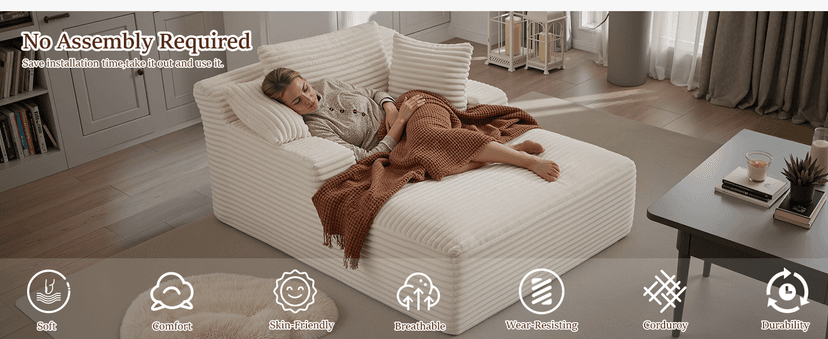 ivoros 50 Inch Chaise Lounge Chair Indoor, Oversized Corduroy Upholstered Boneless Sofa Bed, Deep Seat Sleeper Couch Reading Chairs, Cloud Sofas Couches for Living Room, No Assembly Required (Beige)