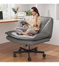DurayLoly Criss Cross Chair with Wheels, Cross Legged Office Chair, Armless Wide Vanity Desk Chair with 2 Layer Scratch-Resistant Pu Leather Swivel for Home Office Bedroom,Beige