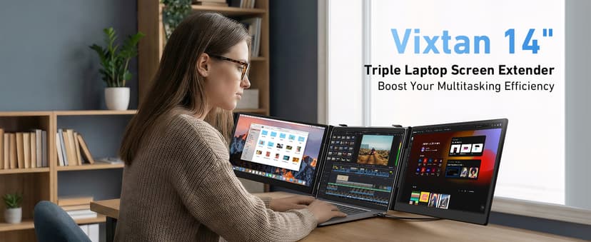 Vixtan 14" Triple Laptop Screen Extender, 3.0 lbs Lightweight FHD IPS Portable Monitor for Laptop, USB-C Plug & Play Multi Screen Attachment for 13-17.3" laptops with Windows/Mac/Chrome