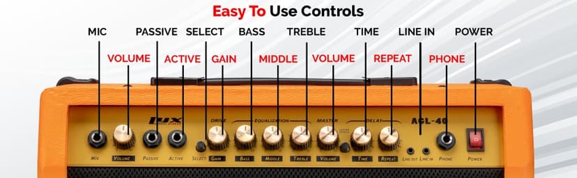LyxPro 40 Watt Electric Guitar Amplifier | Solid State Studio Amp with 8” 4-Ohm Speaker, Custom EQ Controls, Drive, Delay, ¼” Passive/Active/Microphone Inputs, Aux in & Headphone Jack - Sunburst