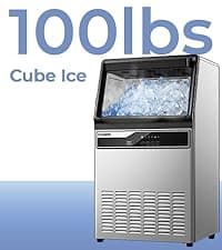Commercial Ice Maker Machine, 100LBS/24H Freestanding & Undercounter Ice Machine with 2 Water Inlets, 40 PCS/Cycle and 24LBS Storage Bin, Stainless Steel, LED Display & Self-Cleaning for Home Bar
