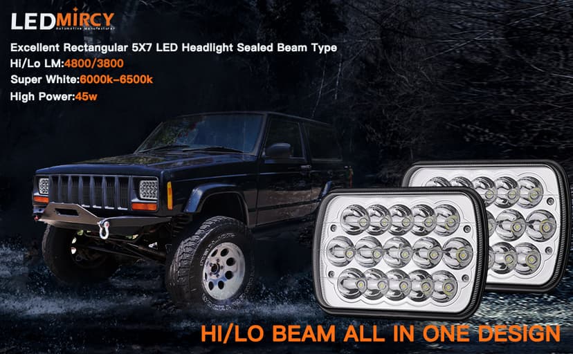 LEDMIRCY H6054 LED Headlights, 5x7 LED Headlights Rectangular 2PCS 90W High Low Sealed Beam Square 7x6 Headlight DOT Approved for Truck Chevy Cherokee Tacoma Ford Van Sedans H5054 H6014 H6052 6053
