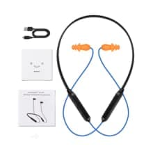 HomeSpot Noise Reduction Wireless Neckband Headphones with Qualcomm aptX HD, 27dB NRR, CVC Noise Cancelling Mic & Controls and 20H Playtime for Work Safety OSHA Compliant - Blue Wire Orange Earbuds