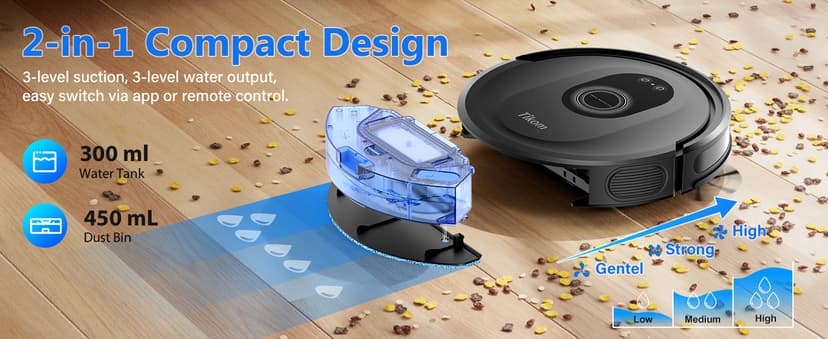 Tikom Robot Vacuum and Mop Combo, 5000Pa Robotic Vacuum Cleaner, 150 Min Max, App & Remote Control, Ideal for Hard Floor, Carpet, Pet Hair, Self-Charge(G8000 Max)