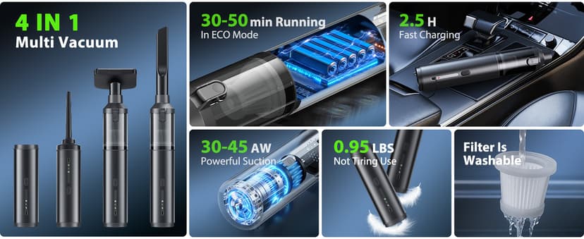 Car Vacuum Portable Cordless Handheld Vacuum Cleaner 4-in-1 Mini Cordless Vacuum with 2 Suction Modes and 16800pa Suction Power Blowing & Inflating 2 Modes Handheld Vacuum for Car, Desk, Keyboards