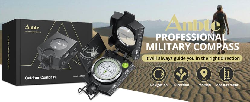 Anbte Compass Hiking Survival, IP65 Waterproof Metal Compass with Sighting Clinometer and Carry Bag, Multifunctional, Professional, for Camping Hunting Hiking Navigation
