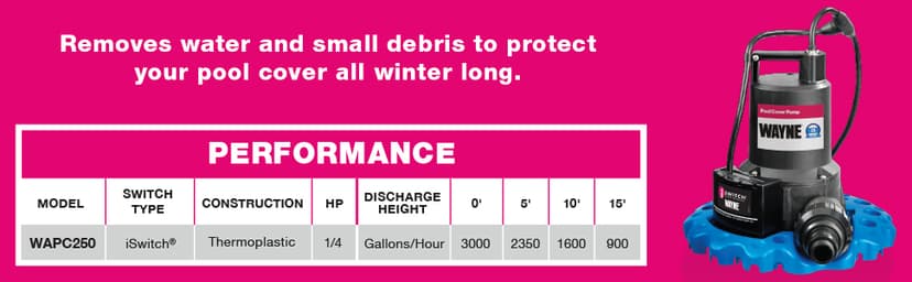 WAYNE WAPC250-1/4 HP Reinforced Thermoplastic Pool Cover Pump - Up to 3,000 Gallons Per Hour - Automatic On/Off Water Removal Pool Cover Pump