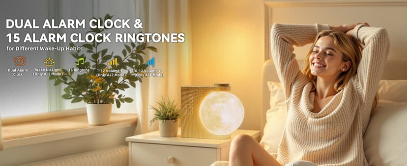 Sunrise Alarm Clocks for Heavy Sleepers,Night Lamp Clocks for Bedrooms with Moon Light,10 Light Effects,30/60/90 Timer,10 Sleep Nature Sounds,15 Ringtones,12 Volume Control with Snooze Function