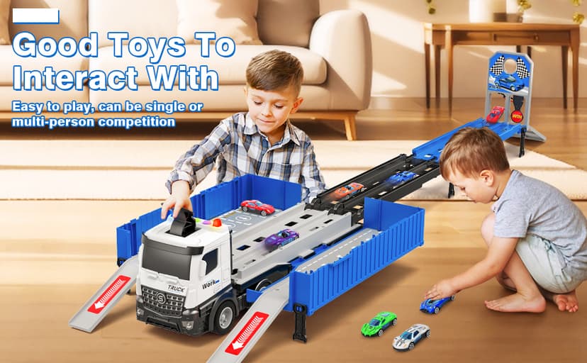 Carrier Truck Race Track Toddlers Toys, Foldable 3 Layer Track Playset, Toy Truck Transport Car Carrier & 8 Race Cars, Truck Car Kids Toys Xmas Gifts for Age 3 4 5 6+ Years Old Boys Girls