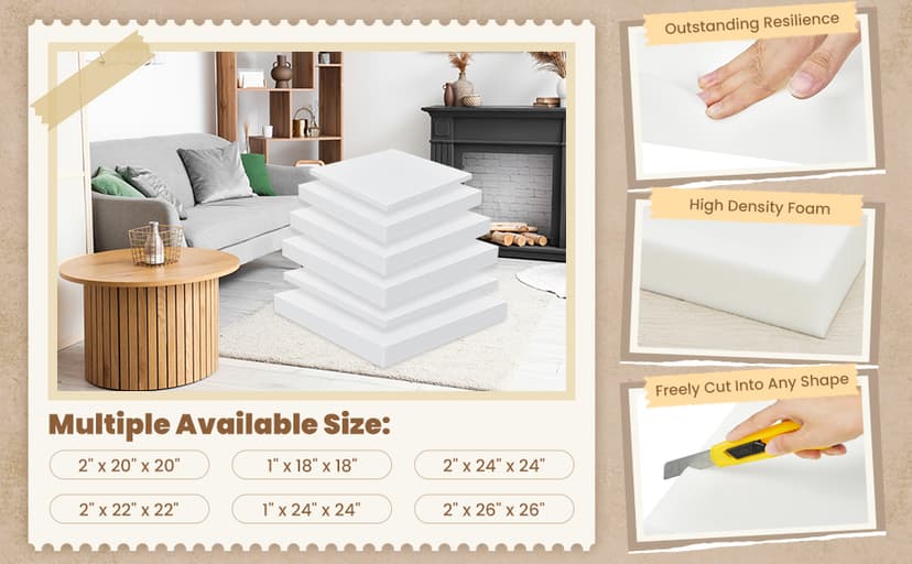 Frienda 4 Pack 1" x 18" x 18" Upholstery High Density Foam Cushion Seat Replacement Square Cut to Size Foam Couch for Patio Furniture Commercial Dinning Chair Couches Benches Padding DIY Projects