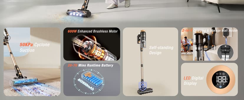 Cordless Vacuum Cleaner, 580W 48KPA 70 Mins Vacuum Cleaners for Home, Self-Standing Stick Vacuum with Touch Screen, Wall Mount Charge, Ultra High-Power Brush for Pet Hair/Plush Carpet/All Floor
