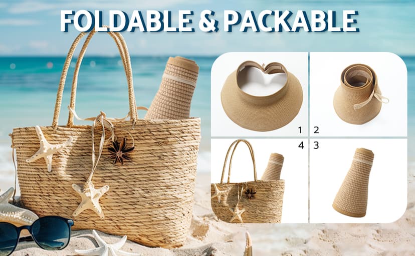 NPJY Sun Hats for Women Wide Brim Roll-Up Beach Ponytail Hat Packable Foldable Travel Straw Visor