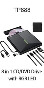 ORIGBELIE External CD DVD Drive, Ultra Slim CD Burner USB 3.0 with 4 USB Ports and 2 TF/SD Card Slots, Optical Disk Drive for Laptop Mac, PC Windows 11/10/8/7 Linux OS