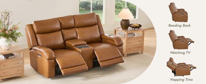 Watson & Whitely Genuine Leather Power Recliner Sofa, 3 Seater Wall Hugger Reclining Sofas with Power Headrest, USB & TypeC Ports, Electric Recliner Couch Set for Living Room, Saddle Brown