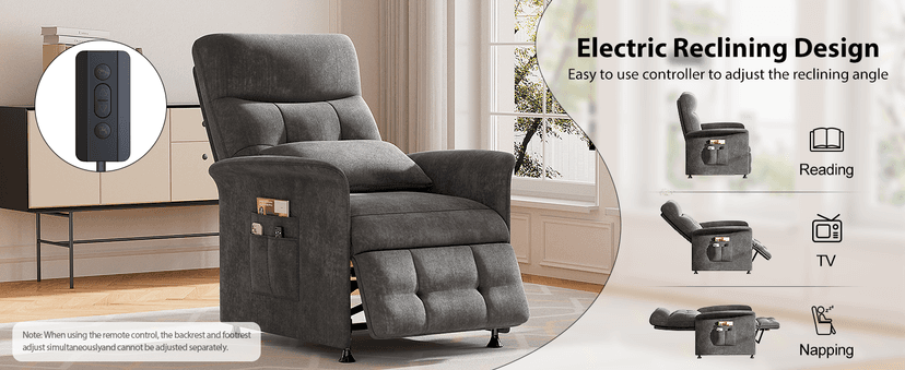 Power Recliner Chair for Adults with Heat & Massage - Soft Fabric Electric Reclining Sofa with Remote Control, 180° Lay Sleeper 3 Side Pockets for Living Room Home Theater, Dark Grey