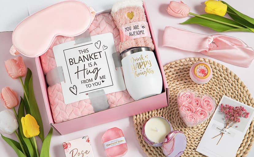 Birthday Gifts for Women Self Care Gifts Get Well Soon Gifts, Rose Relaxing Spa Gifts Basket Care Package w/ Luxury Flannel Blanket, Unique Mothers Day Gifts for Mom Her Friend Sister Wife Grandma
