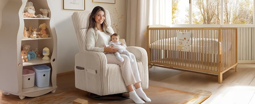 Yaheetech 360° Swivel Glider Chair for Nursery, Rocking Chair Nursing Chair with Side Pockets, Corduroy Glider for Living Room with High Back Beige