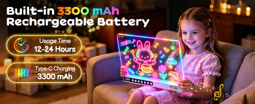 8 Colors, 8 Modes, 15 Light Effects with Music & Blue-Tooth, Doodle Neon Glow Pad Toys Gift for Girls/Boys/Kids 16" Rechargeable LED Drawing Board, Kids Birthday Christmas Gift B0GT9HHRJJ