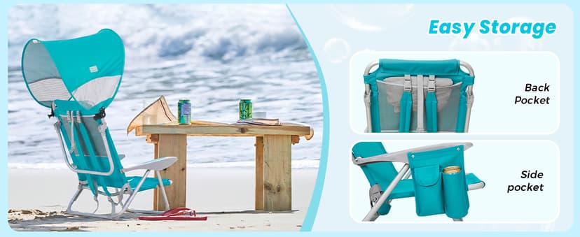 #WEJOY Beach Chair with Canopy Shade, Reclining Adjustable 4 Position, Lay Flat Lightweight Folding Portable Aluminum Chair with Backpack Straps,Padded headrest, Heavy Duty 400lbs Lawn Chair for Beach