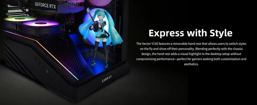 Lian Li V100 ATX Mid-Tower PC Case, 4 x 120mm ARGB PWM Fans Pre-Installed, LED RGB Strip, Display Platform with Tempered Glass, Support 420mm GPUs, 360mm Radiator, Optimized Airflow - Black (V100RX)