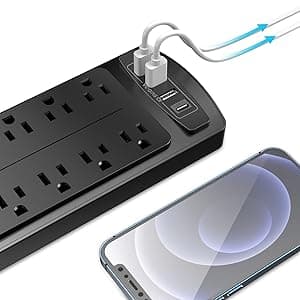 Power Strip, ALESTOR Surge Protector with 12 Outlets and 4 USB Ports, 6 Feet Extension Cord (1875W/15A), 2700 Joules, ETL Listed, Black