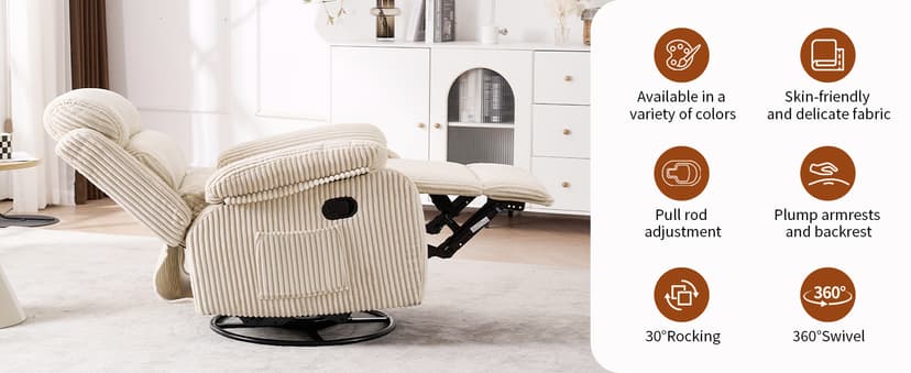 Adult 360° Rocking Recliner Chair,Nursery Rocker Reclining Chair with Side Pocket, a Comfy upholstered Single Sofa Armchair. Suitable for Living Room, Bedroom Nursing use, Velvet Fabric in Beige