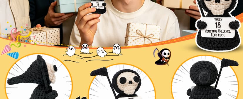 Unique 18th Birthday Gifts for Women Men - Mini Handmade Crochet Grim Reaper - Adulting Funny 18 Year Old Milestone Gag Gifts for Him Her - Handmade Crochet Desk Decor B0GS9Q8J46