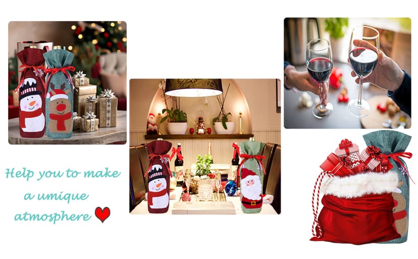 4pcs Christmas Wine Bottle Bags Burlap Wine Bottle Gift Bags with Drawstring, Reusable Santa Claus, Snowman & Reindeer Drawstring Covers for Xmas New Year Party Table Decoration